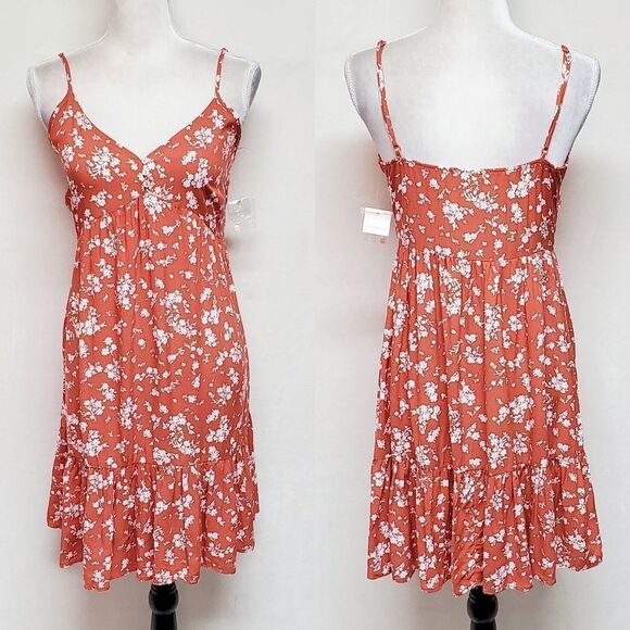 ULTRA Flirt Boho Orange White Floral Tiered Spaghetti Strap Mini Dress Small - Picture 1 of 12